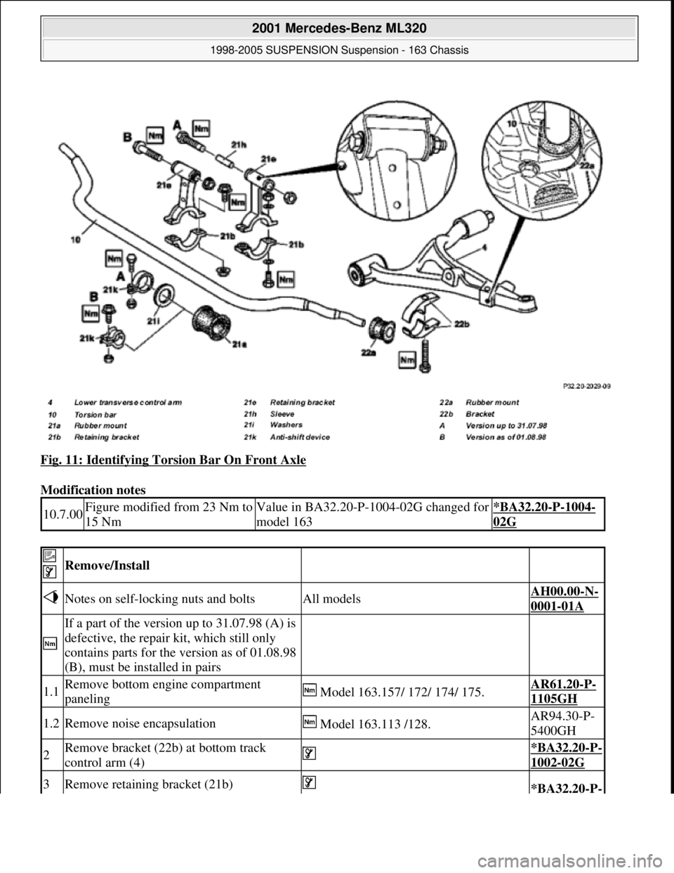 MERCEDES-BENZ ML500 1997  Complete Repair Manual Fig. 11: Identifying Torsion Bar On Front Axle 
Modification notes 
10.7.00Figure modified from 23 Nm to 
15 NmValue in BA32.20-P-1004-02G changed for 
model 163*BA32.20-P-1004-
02G
 
 Remove/Install 