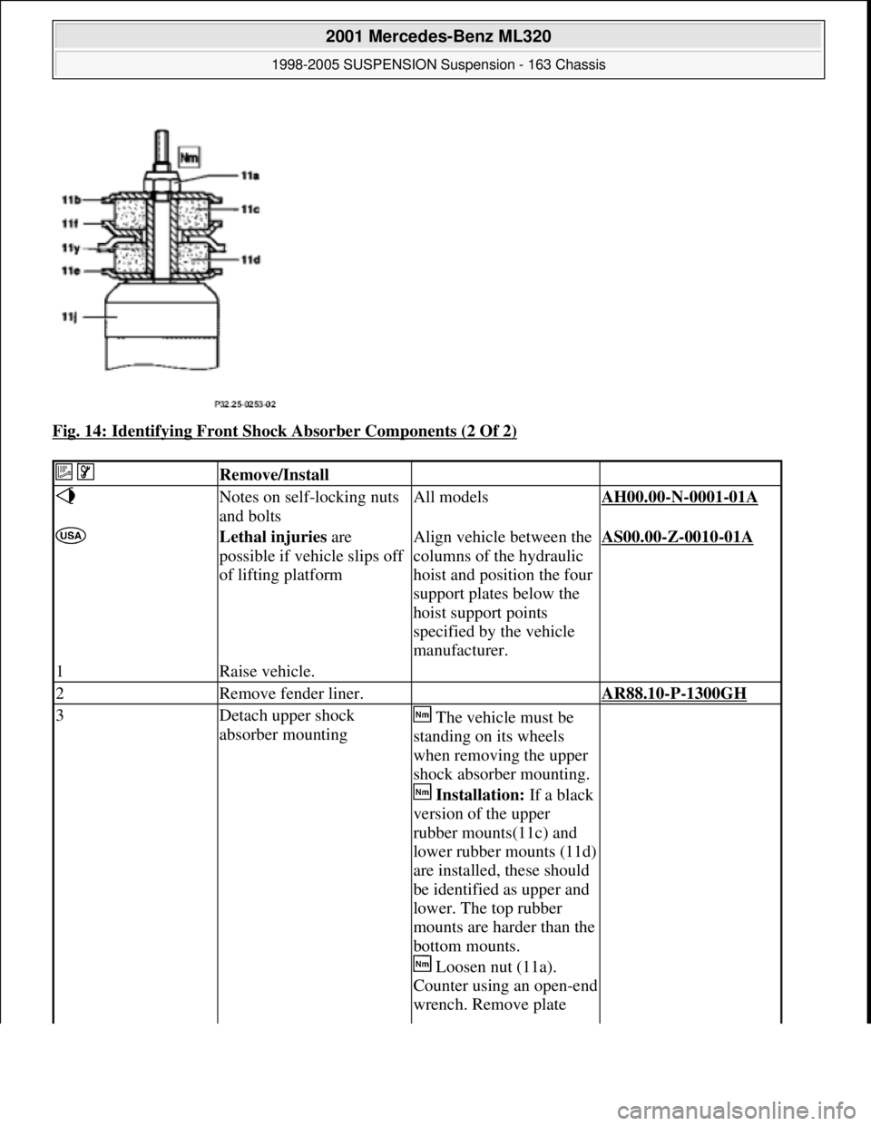 MERCEDES-BENZ ML500 1997  Complete Repair Manual Fig. 14: Identifying Front Shock Absorber Components (2 Of 2) 
  Remove/Install   
 Notes on self-locking nuts 
and boltsAll modelsAH00.00-N-0001-01A 
 Lethal injuries are 
possible if vehicle slips o