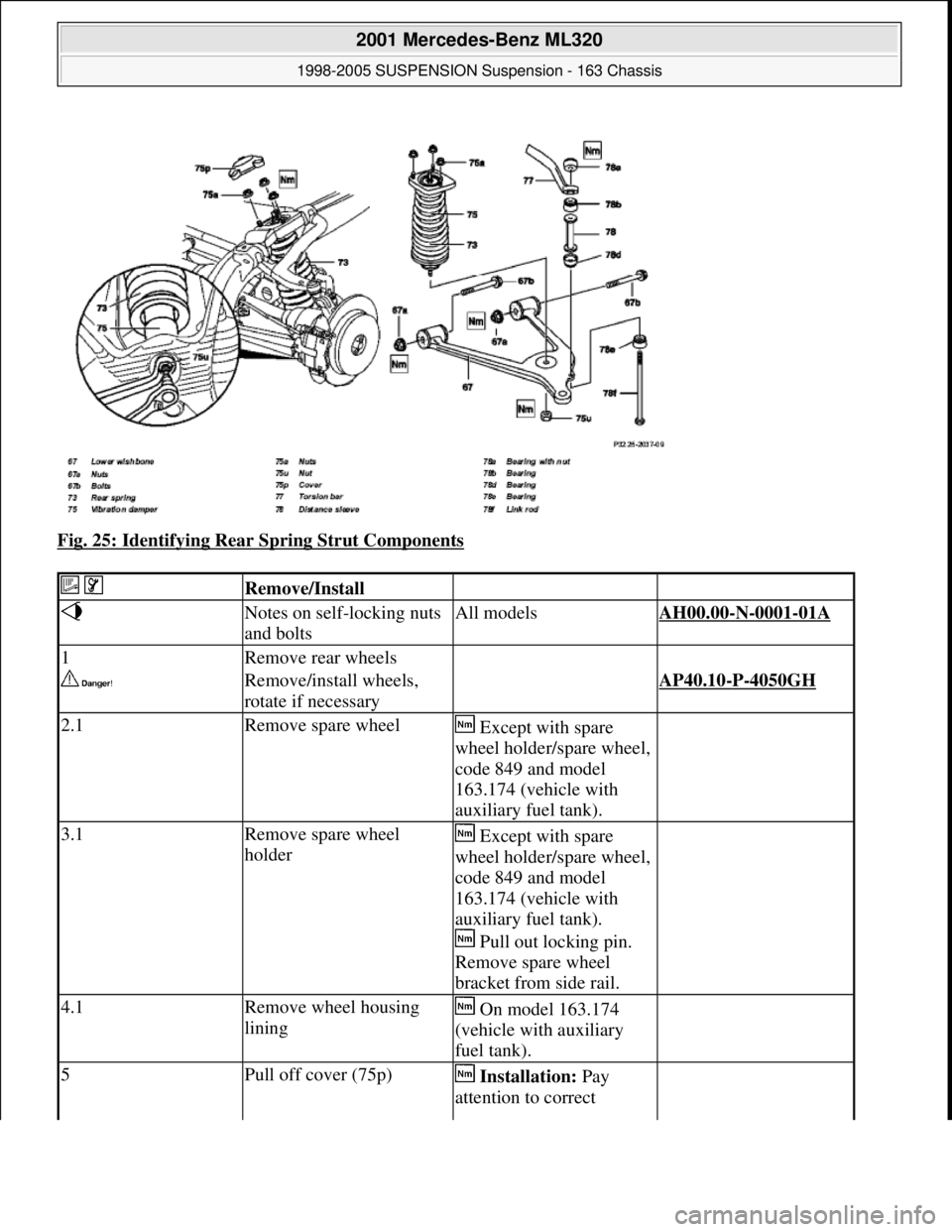 MERCEDES-BENZ ML500 1997  Complete Repair Manual Fig. 25: Identifying Rear Spring Strut Components 
  Remove/Install   
 Notes on self-locking nuts 
and boltsAll modelsAH00.00-N-0001-01A 
1Remove rear wheels  
 Remove/install wheels, 
rotate if nece