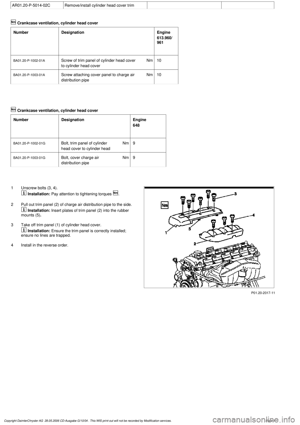 MERCEDES-BENZ ML500 1997 Complete Repair Manual
AR01.20-P-5014-02C
Remove/install cylinder head cover trim
Crankcase ventilation, cylinder head cover
Number
Designation
Engine
613.960/
961
BA01.20-P-1002-01A
Screw of trim panel of cylinder MERCEDES-BENZ ML500 1997 Complete Repair Manual
AR01.20-P-5014-02C
Remove/install cylinder head cover trim
Crankcase ventilation, cylinder head cover
Number
Designation
Engine
613.960/
961
BA01.20-P-1002-01A
Screw of trim panel of cylinder