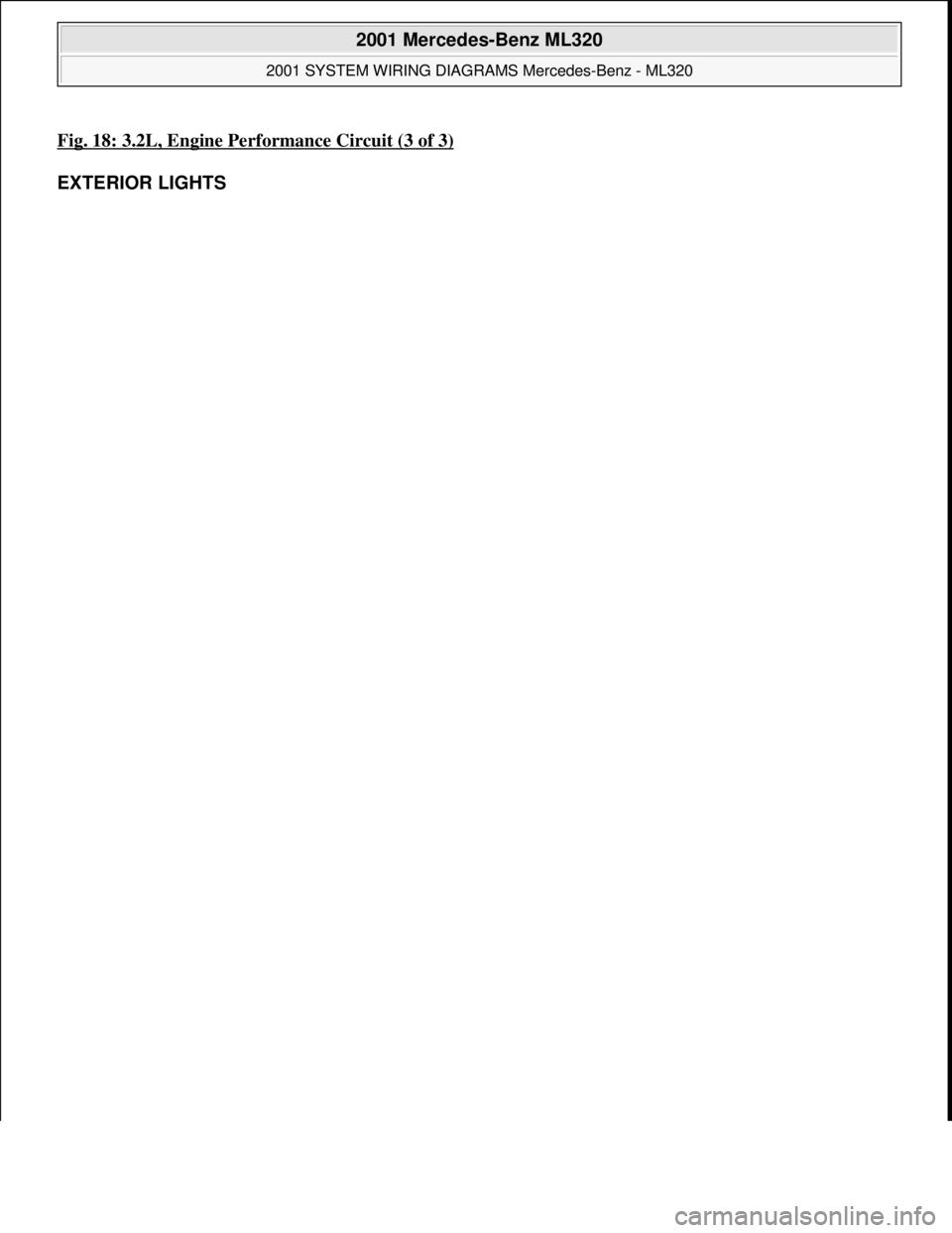 MERCEDES-BENZ ML500 1997  Complete Repair Manual Fig. 18: 3.2L, Engine Performance Circuit (3 of 3)
EXTERIOR LIGHTS 
 
2001 Mercedes-Benz ML320 
2001 SYSTEM WIRING DIAGRAMS Mercedes-Benz - ML320  
me  
Saturday, October 02, 2010 3:27:59 PMPage 37 ©
