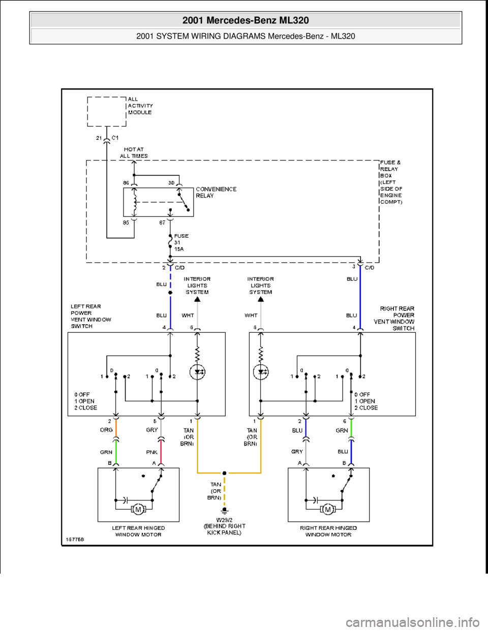 MERCEDES-BENZ ML500 1997  Complete Repair Manual  
2001 Mercedes-Benz ML320 
2001 SYSTEM WIRING DIAGRAMS  Mercedes-Benz - ML320  
me  
Saturday, October 02, 2010 3:28:00 PMPage 102 © 2006 Mitchell Repair Information Company, LLC.  
