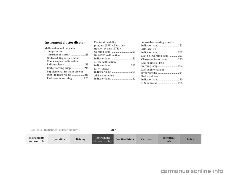 MERCEDES-BENZ ML500 1997  Complete Repair Manual 217 
Contents - Instrument cluster display
Te ch n ica l 
data 
Instruments  
and controls  Operation Driving 
Instrument  
cluster display  Practical hints Car care Index
Instrument cluster displayMa
