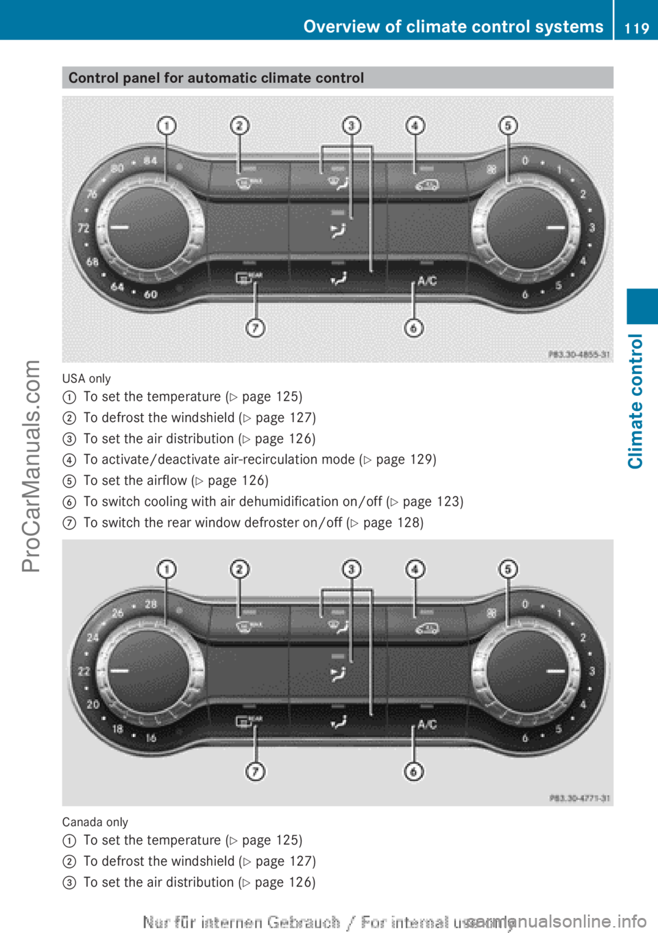 MERCEDES-BENZ B-CLASS 2012  Owners Manual Control panel for automatic climate control
USA only
:
To set the temperature (Y page 125)
; To defrost the windshield (Y page 127)
= To set the air distribution ( Y page 126)
? To activate/deactivate