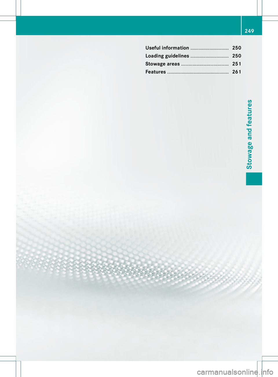 MERCEDES-BENZ B-CLASS SPORTS 2014  Owners Manual Useful information
............................250
Loading guidelines ............................250
Stowage areas .................................. 251
Features ....................................