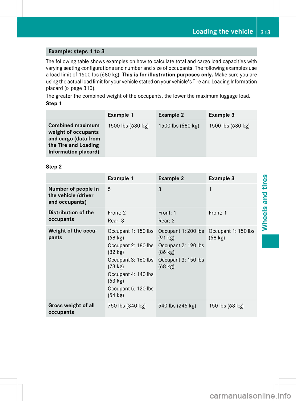 MERCEDES-BENZ B-CLASS SPORTS 2015  Owners Manual Example: steps 1 to 3
The following table shows examples on how to calculate total and cargo load capacities withvarying seating configurations and number and size of occupants. The following examples
