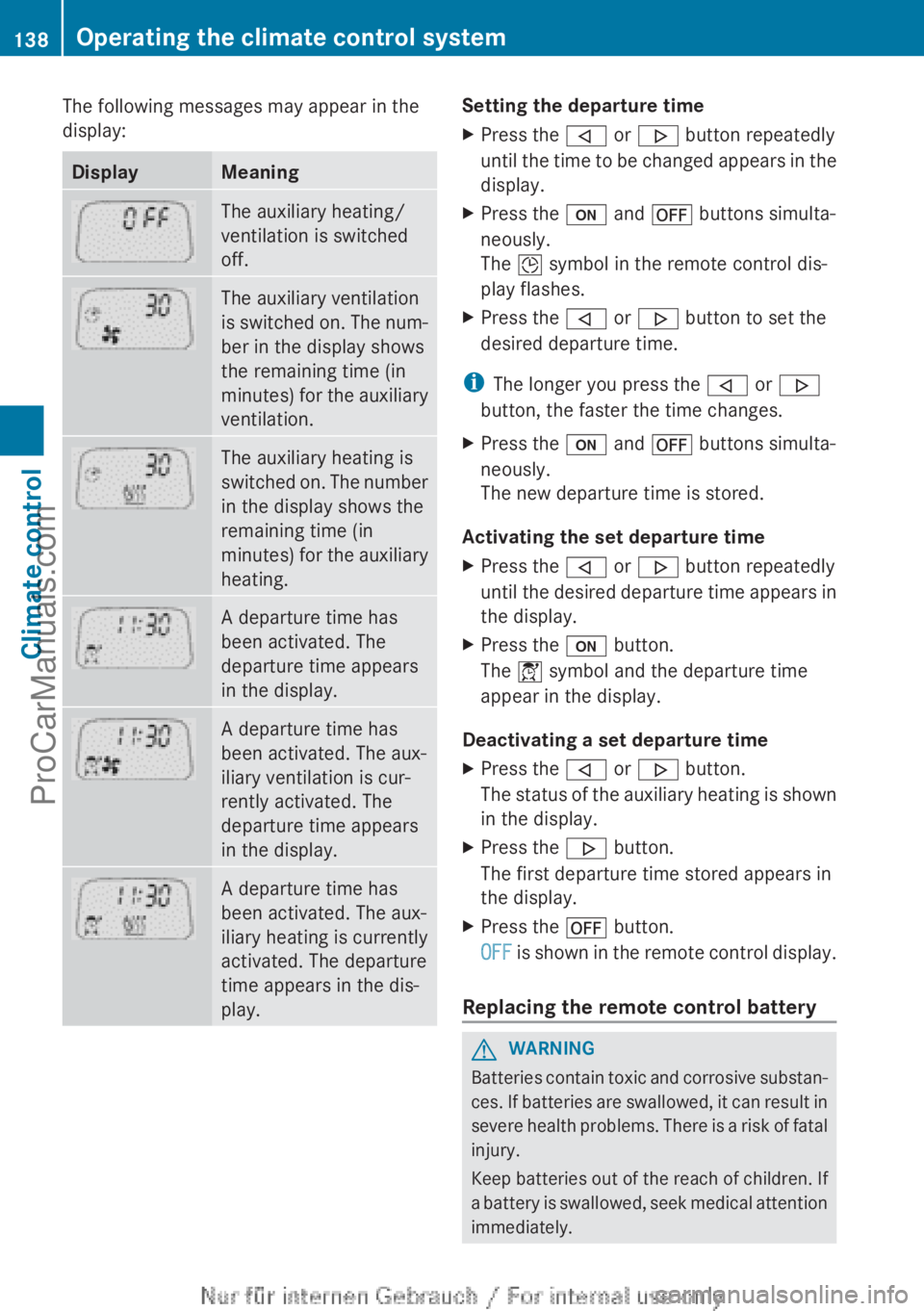 MERCEDES-BENZ CLA-CLASS 2013 Owners Manual The following messages may appear in the
display:DisplayMeaningThe auxiliary heating/
ventilation is switched
off.The auxiliary ventilation
is switched on. The num-
ber in the display shows
the remain MERCEDES-BENZ CLA-CLASS 2013 Owners Manual The following messages may appear in the
display:DisplayMeaningThe auxiliary heating/
ventilation is switched
off.The auxiliary ventilation
is switched on. The num-
ber in the display shows
the remain