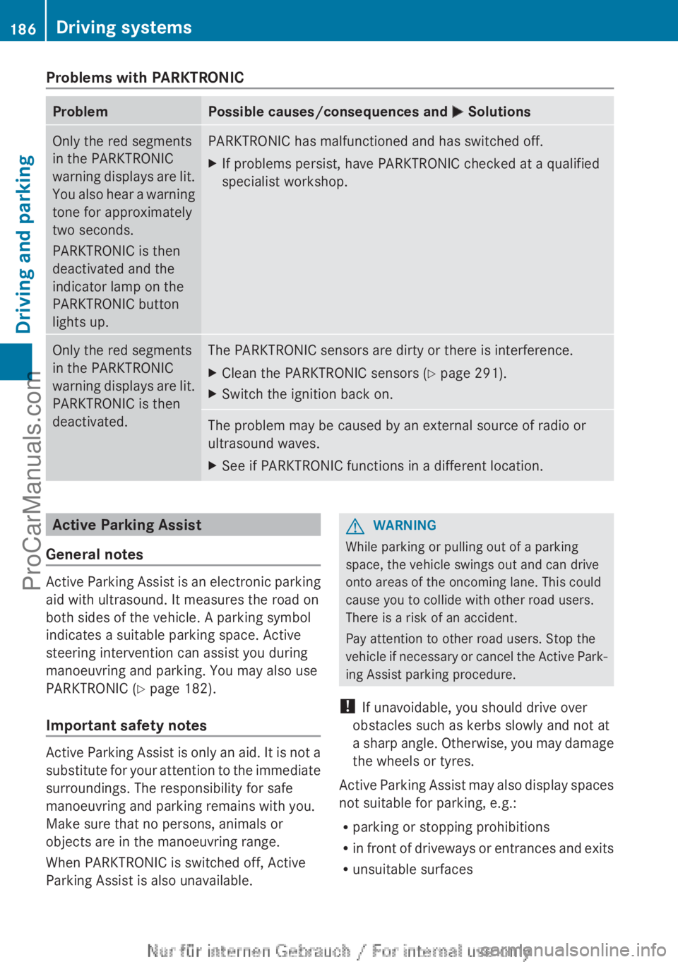MERCEDES-BENZ CLA-CLASS 2013  Owners Manual Problems with PARKTRONICProblemPossible causes/consequences and M SolutionsOnly the red segments
in the PARKTRONIC
warning displays are lit.
You also hear a warning
tone for approximately
two seconds.