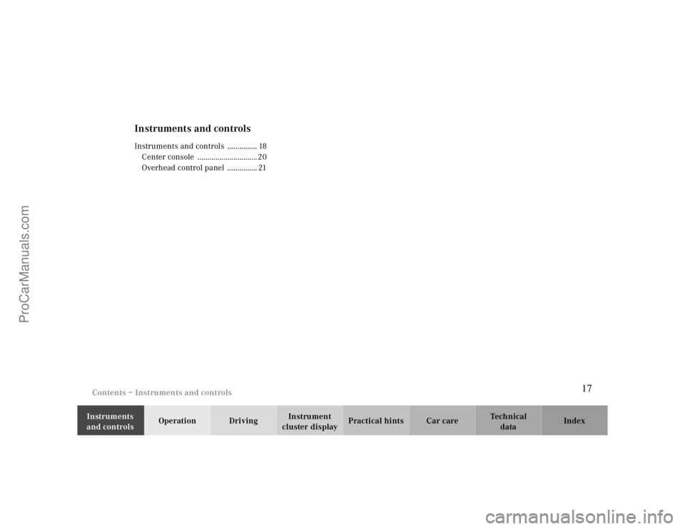 MERCEDES-BENZ CLK-CLASS 2000  Owners Manual Contents – Instruments and controls
Te ch n ica l
data Instruments 
and controlsOperation DrivingInstrument 
cluster displayPractical hints Car care Index
Instruments and controlsInstruments and con