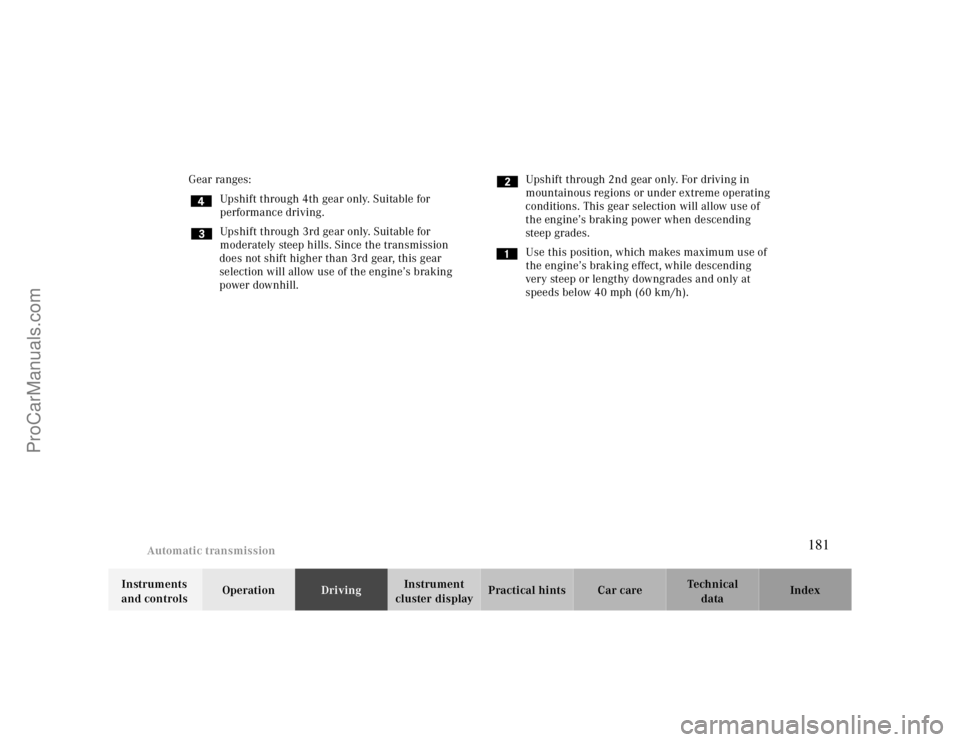 MERCEDES-BENZ CLK-CLASS 2000  Owners Manual Automatic transmission
Te ch n ica l
data Instruments 
and controlsOperationDrivingInstrument 
cluster displayPractical hints Car care Index Gear ranges:
Upshift through 4th gear only. Suitable for 
p