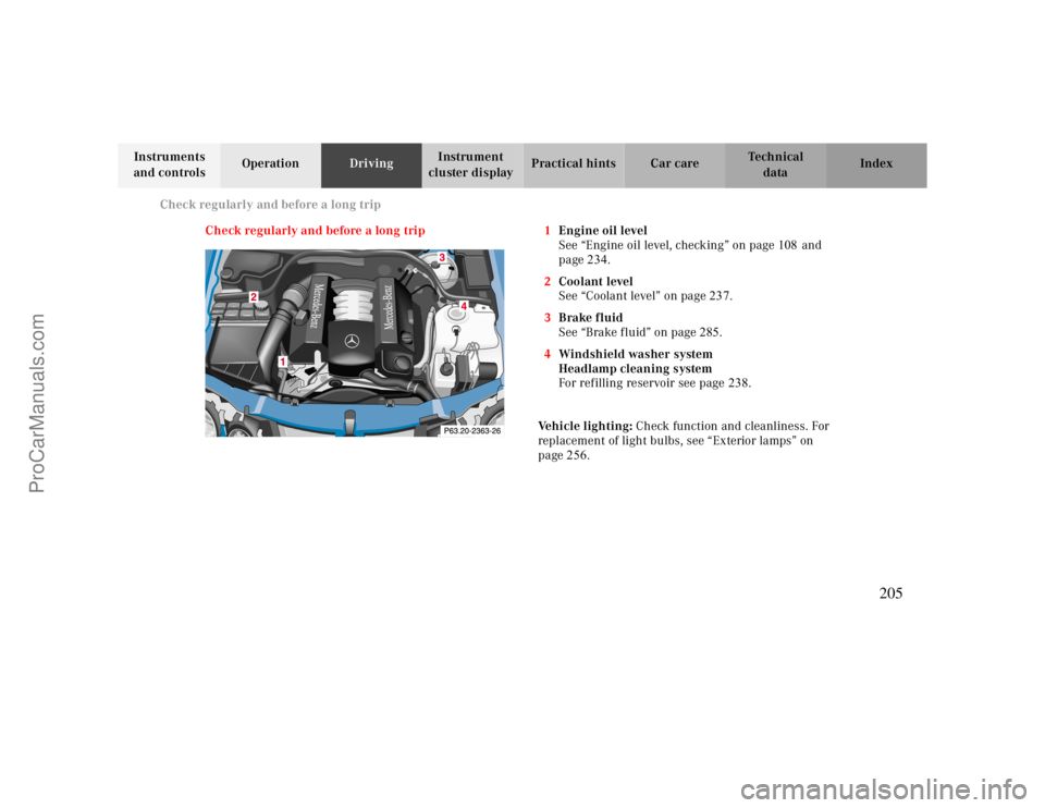 MERCEDES-BENZ CLK-CLASS 2000  Owners Manual Check regularly and before a long trip
Te ch n ica l
data Instruments 
and controlsOperationDrivingInstrument 
cluster displayPractical hints Car care Index
Check regularly and before a long trip 1Eng