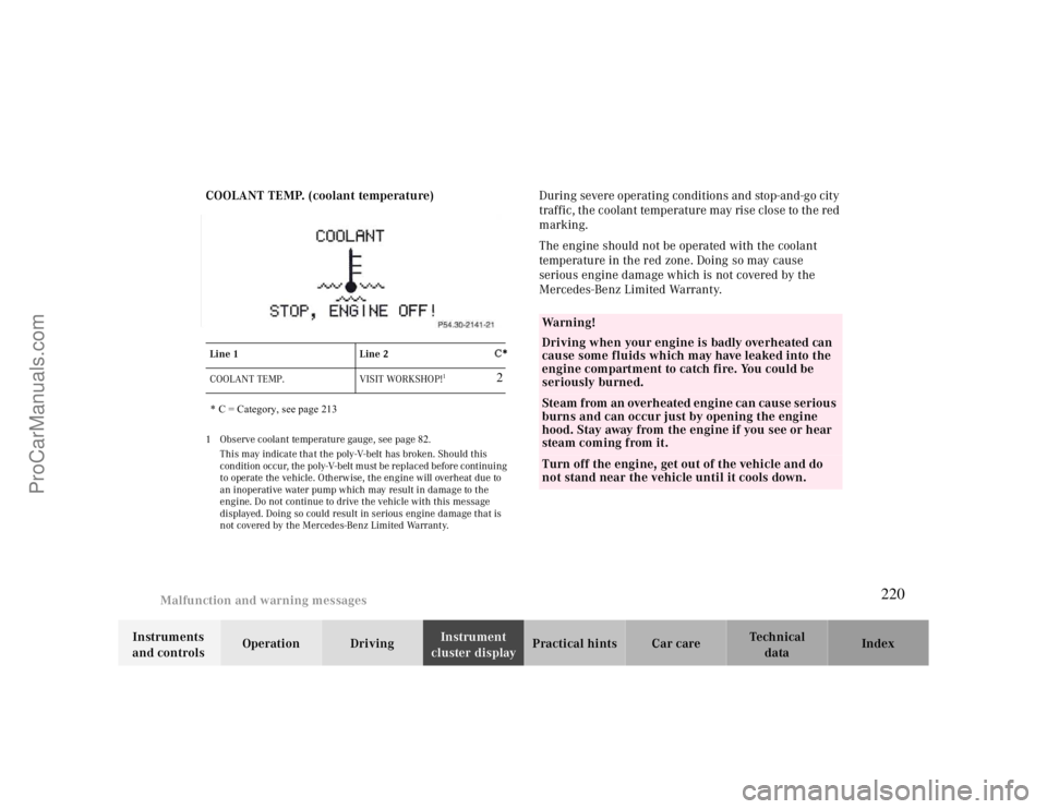 MERCEDES-BENZ CLK-CLASS 2000  Owners Manual Malfunction and warning messages
Te ch n ica l
data Instruments 
and controlsOperation DrivingInstrument 
cluster displayPractical hints Car care Index COOLANT TEMP. (coolant temperature)
1 Observe co