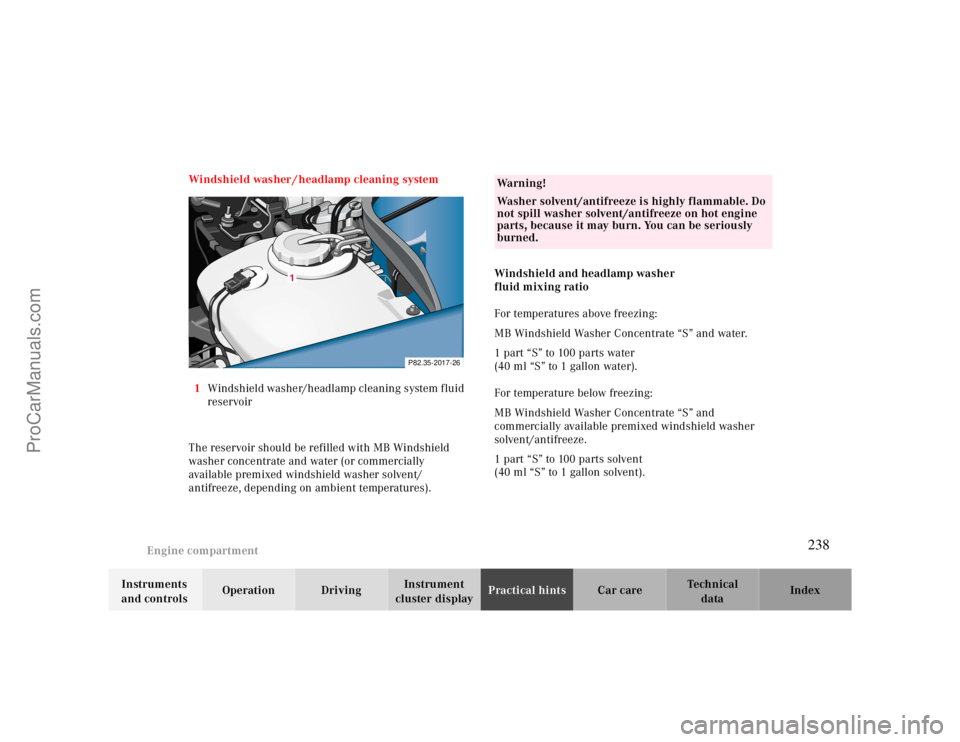 MERCEDES-BENZ CLK-CLASS 2000  Owners Manual Engine compartment
Te ch n ica l
data Instruments 
and controlsOperation DrivingInstrument 
cluster displayPractical hintsCar care Index Windshield washer / headlamp cleaning system
1Windshield washer