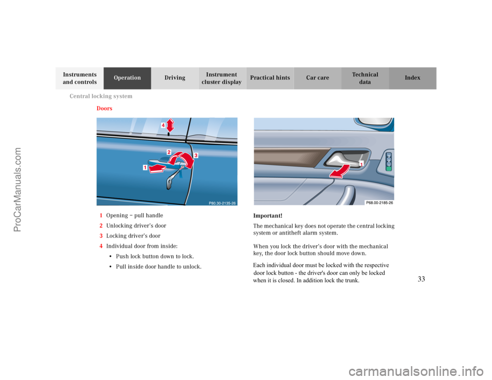 MERCEDES-BENZ CLK-CLASS 2000  Owners Manual Central locking system
Te ch n ica l
data Instruments 
and controlsOperationDrivingInstrument 
cluster displayPractical hints Car care Index
Doors
1Opening – pull handle
2Unlocking driver’s door
3