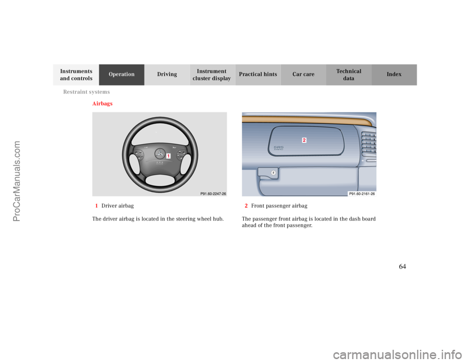 MERCEDES-BENZ CLK-CLASS 2000  Owners Manual Restraint systems
Te ch n ica l
data Instruments 
and controlsOperationDrivingInstrument 
cluster displayPractical hints Car care Index
Airbags
1Driver airbag
The driver airbag is located in the steer
