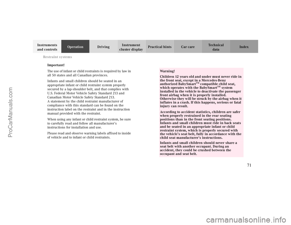 MERCEDES-BENZ CLK-CLASS 2000  Owners Manual Restraint systems
Te ch n ica l
data Instruments 
and controlsOperationDrivingInstrument 
cluster displayPractical hints Car care Index
Important!
The use of infant or child restraints is required by 