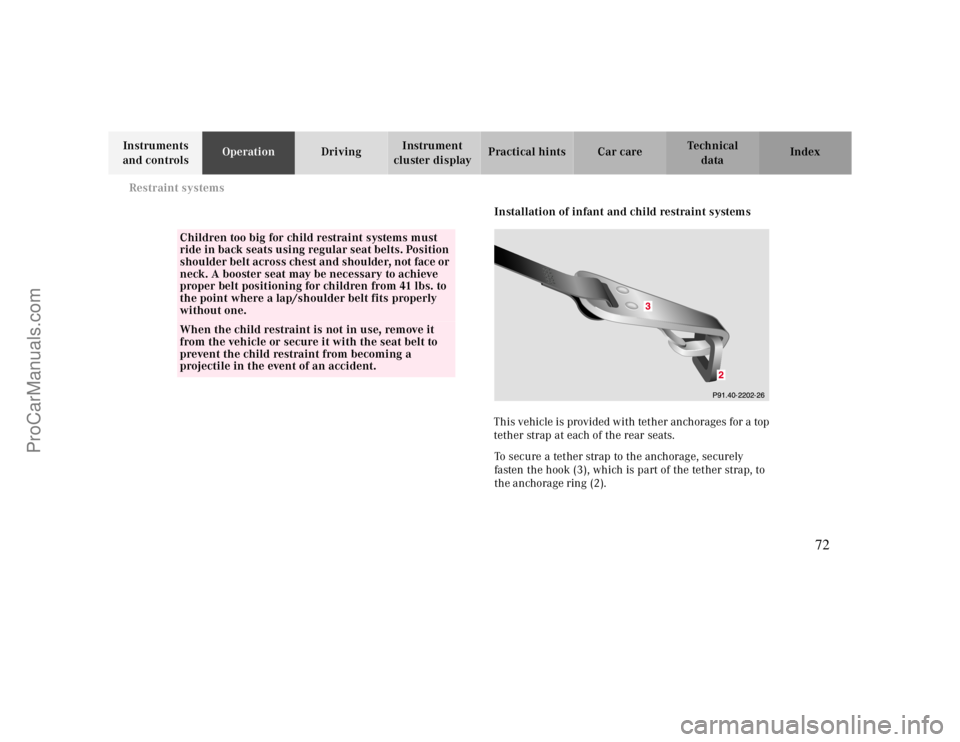 MERCEDES-BENZ CLK-CLASS 2000  Owners Manual Restraint systems
Te ch n ica l
data Instruments 
and controlsOperationDrivingInstrument 
cluster displayPractical hints Car care Index
Installation of infant and child restraint systems
This vehicle 