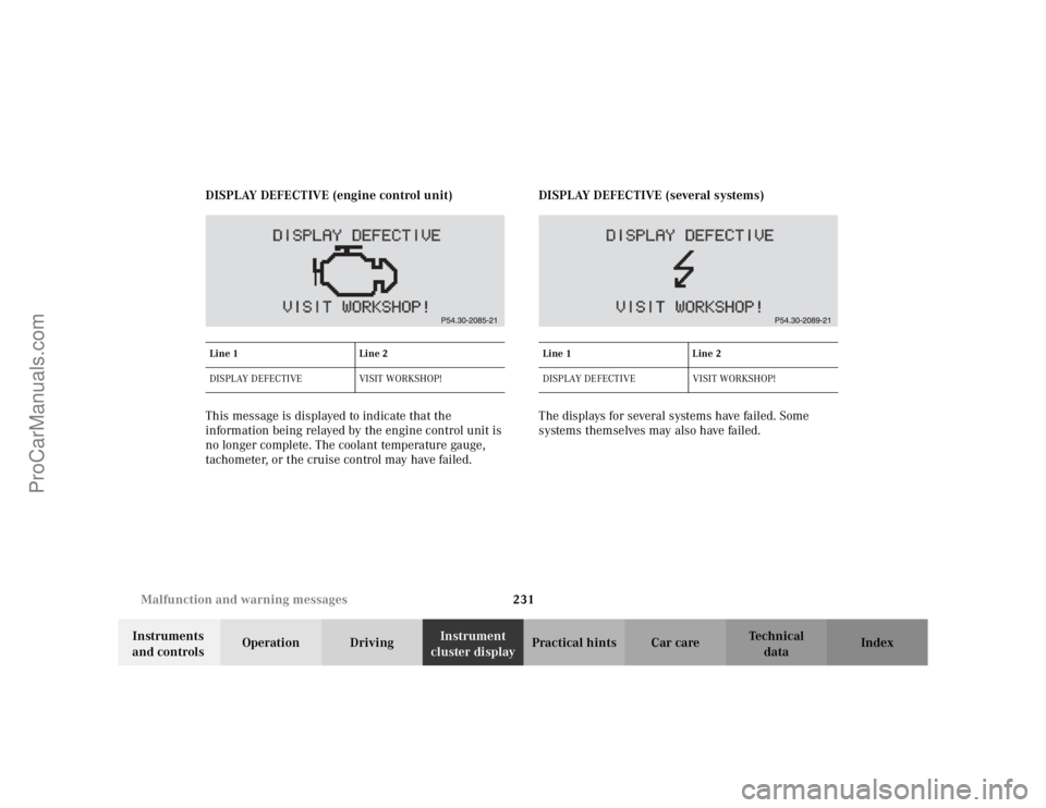MERCEDES-BENZ CLK-CLASS 2002  Owners Manual 231 Malfunction and warning messages
Te ch n i c a l
data Instruments 
and controlsOperation DrivingInstrument 
cluster displayPractical hints Car care Index DISPLAY DEFECTIVE (engine control unit)
Th