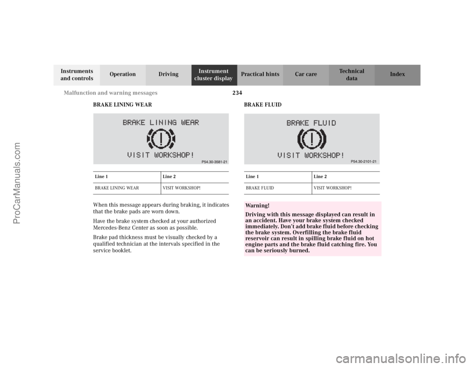 MERCEDES-BENZ CLK-CLASS 2002  Owners Manual 234 Malfunction and warning messages
Te ch n i c a l
data Instruments 
and controlsOperation DrivingInstrument 
cluster displayPractical hints Car care Index
BRAKE LINING WEAR
When this message appear