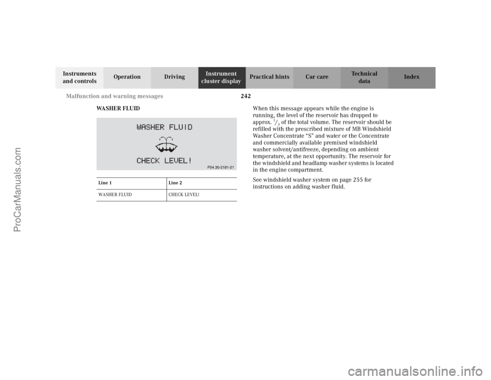 MERCEDES-BENZ CLK-CLASS 2002  Owners Manual 242 Malfunction and warning messages
Te ch n i c a l
data Instruments 
and controlsOperation DrivingInstrument 
cluster displayPractical hints Car care Index
WA S H E R  F L U I DWhen this message app