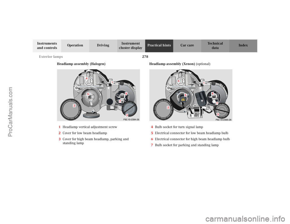 MERCEDES-BENZ CLK-CLASS 2002  Owners Manual 278 Exterior lamps
Te ch n i c a l
data Instruments 
and controlsOperation DrivingInstrument 
cluster displayPractical hintsCar care Index
Headlamp assembly (Halogen)
1Headlamp vertical adjustment scr