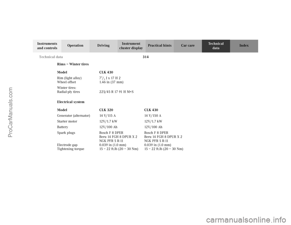 MERCEDES-BENZ CLK-CLASS 2002  Owners Manual 314 Technical data
Te ch n i c a l
data Instruments 
and controlsOperation DrivingInstrument 
cluster displayPractical hints Car care Index
Rims – Winter tires
Electrical system Model CLK 430
Rim (l