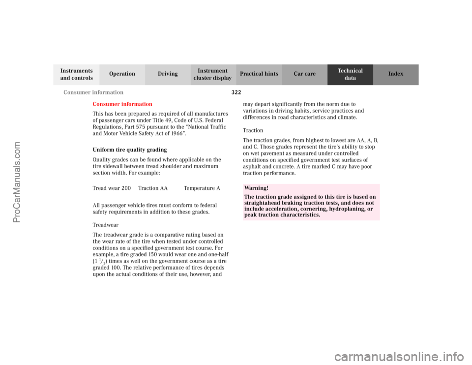 MERCEDES-BENZ CLK-CLASS 2002  Owners Manual 322 Consumer information
Te ch n i c a l
data Instruments 
and controlsOperation DrivingInstrument 
cluster displayPractical hints Car care Index
Consumer information
This has been prepared as require