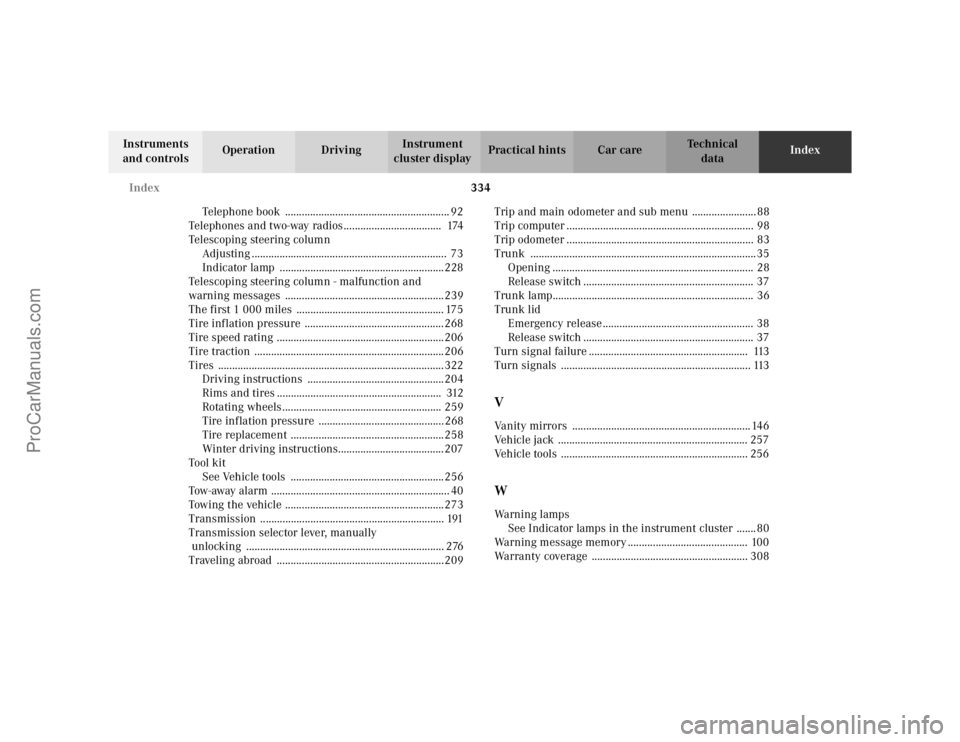 MERCEDES-BENZ CLK-CLASS 2002  Owners Manual 334 Index
Te ch n i c a l
data Instruments 
and controlsOperation DrivingInstrument 
cluster displayPractical hints Car careIndex
Telephone book  ......................................................