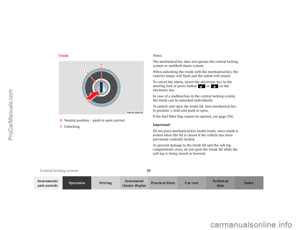 MERCEDES-BENZ CLK-CLASS 2002  Owners Manual 35 Central locking system
Te ch n i c a l
data Instruments 
and controlsOperationDrivingInstrument 
cluster displayPractical hints Car care Index Trunk
0Neutral position – push to open (arrow)
1Unlo