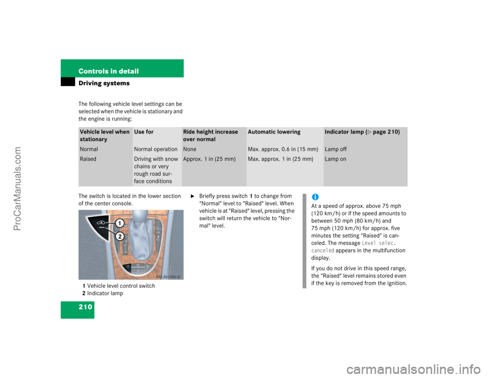 MERCEDES-BENZ E-CLASS 2003  Owners Manual 210 Controls in detailDriving systemsThe following vehicle level settings can be 
selected when the vehicle is stationary and 
the engine is running:
The switch is located in the lower section 
of the