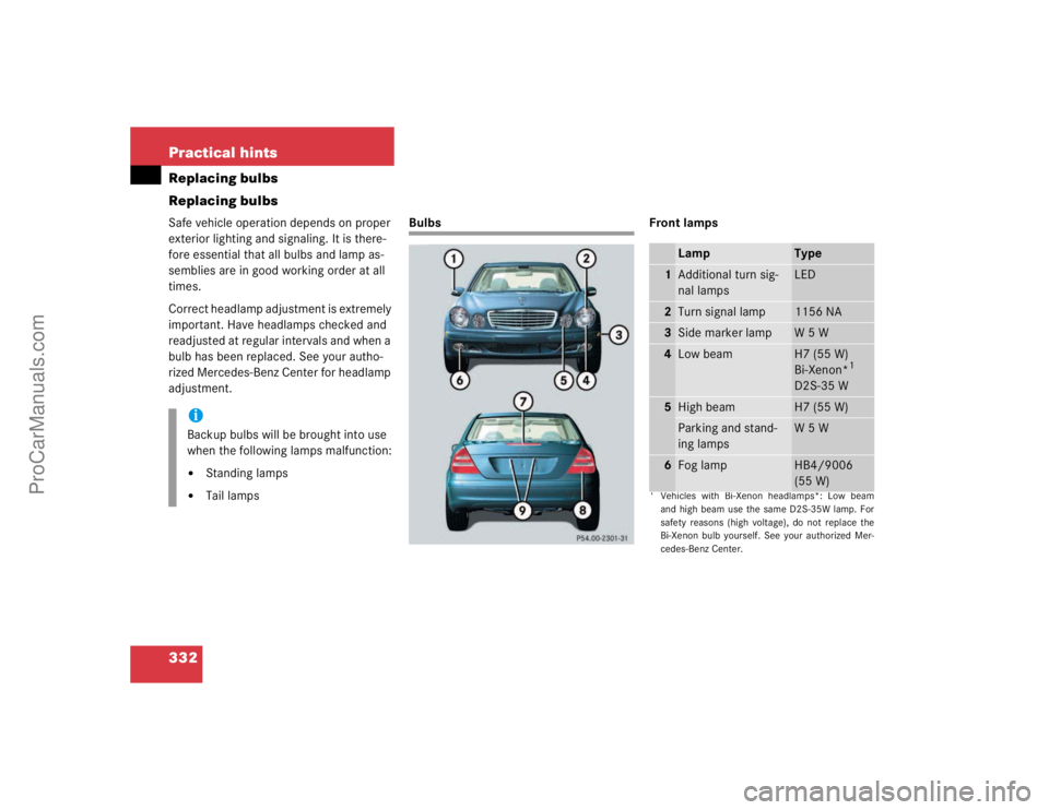 MERCEDES-BENZ E-CLASS 2003  Owners Manual 332 Practical hintsReplacing bulbs
Replacing bulbsSafe vehicle operation depends on proper 
exterior lighting and signaling. It is there-
fore essential that all bulbs and lamp as-
semblies are in goo