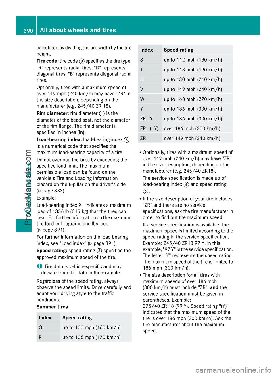 MERCEDES-BENZ E-SEDAN 2014  Owners Manual calculated by dividing the tire width by the tire
height.
Tire code: tire code=specifies the tire type.
"R" represents radial tires; "D" represents
diagonal tires; "B" represen