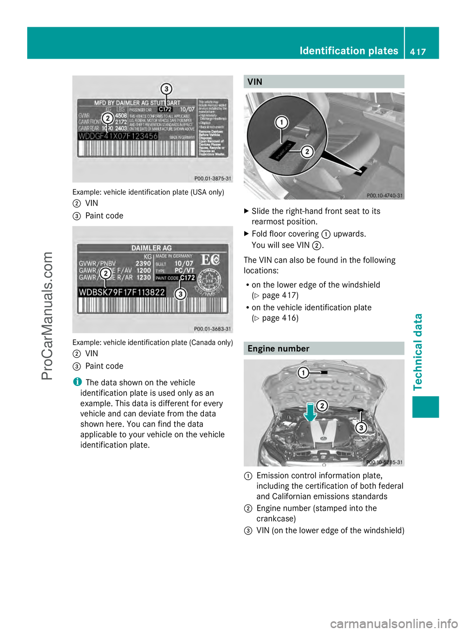 MERCEDES-BENZ E-SEDAN 2014  Owners Manual Example: vehicle identification plate (USA only)
; VIN
= Paint code Example: vehicle identification plate (Canada only)
; VIN
= Paint code
i The data shown on the vehicle
identification plate is used 