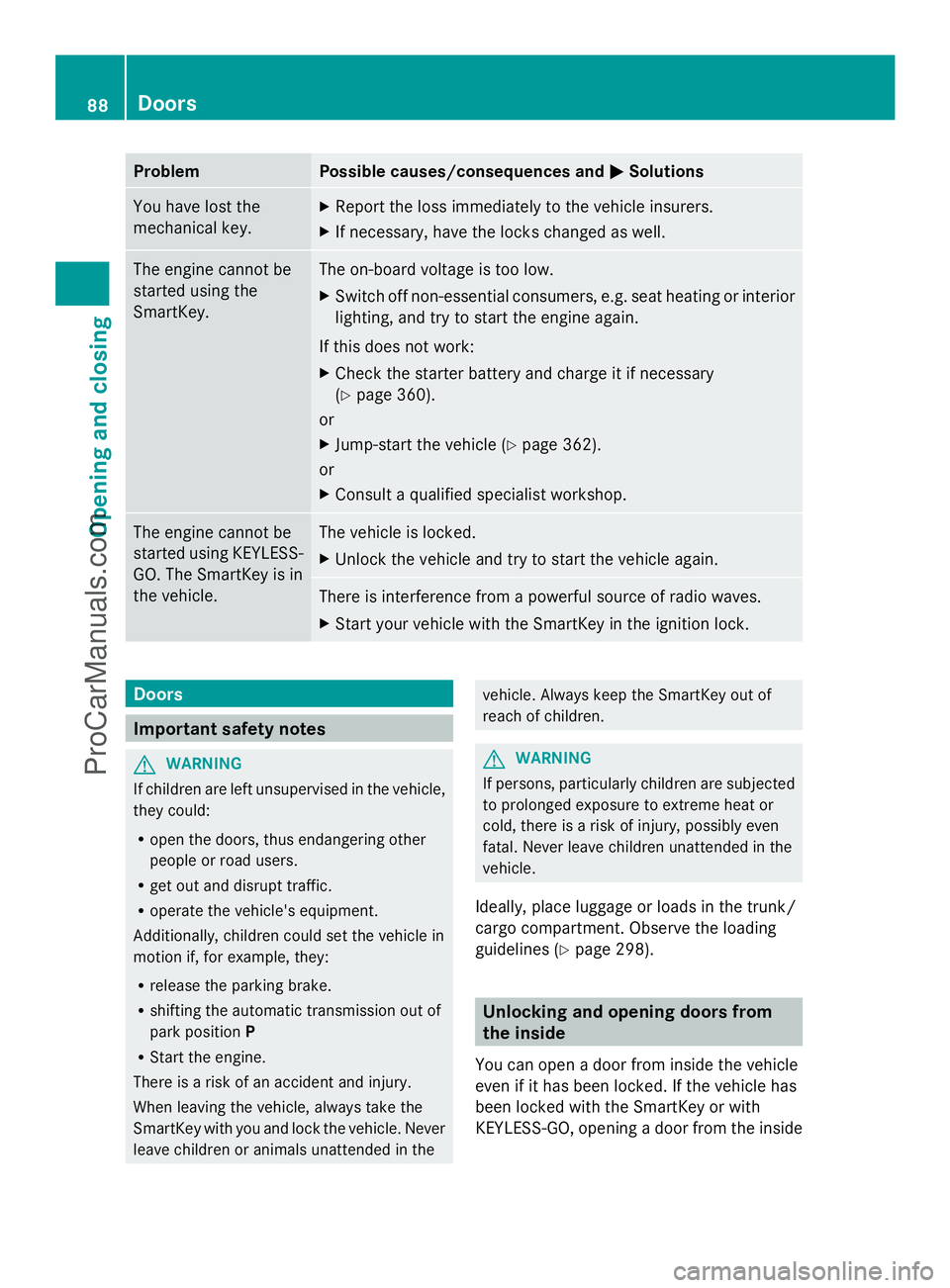MERCEDES-BENZ E-SEDAN 2014 Owners Manual Problem Possible causes/consequences and
M
MSolutions You have lost the
mechanical key. X
Report the loss immediately to the vehicle insurers.
X If necessary, have the locks changed as well. The engin MERCEDES-BENZ E-SEDAN 2014 Owners Manual Problem Possible causes/consequences and
M
MSolutions You have lost the
mechanical key. X
Report the loss immediately to the vehicle insurers.
X If necessary, have the locks changed as well. The engin
