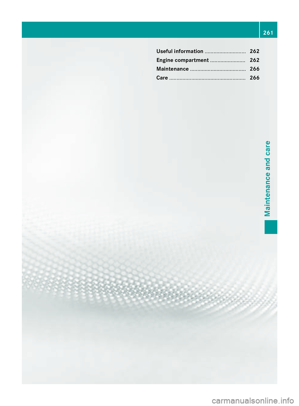 MERCEDES-BENZ E-SEDAN 2016  Owners Manual Useful information............................262
Engine compartment ........................262
Maintenance ...................................... 266
Care ...........................................
