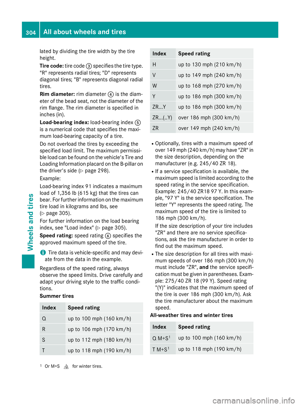 MERCEDES-BENZ E-SEDAN 2016  Owners Manual lated by dividing the tire width by the tire
height.
Tire code:tire code=specifies the tire type.
"R" represents radial tires; "D" represents
diagonal tires; "B" represents dia