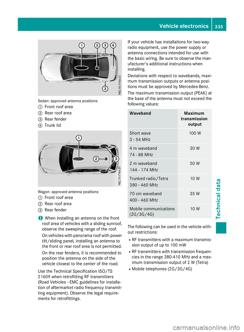 MERCEDES-BENZ E-SEDAN 2016  Owners Manual Sedan: approved antenna positions
:
Front roof area
;Rear roof area
=Rear fender
?Trunk lid
Wagon: approved antenna positions
:
Front roof area
;Rear roof area
=Rear fender
iWhen installing an antenna