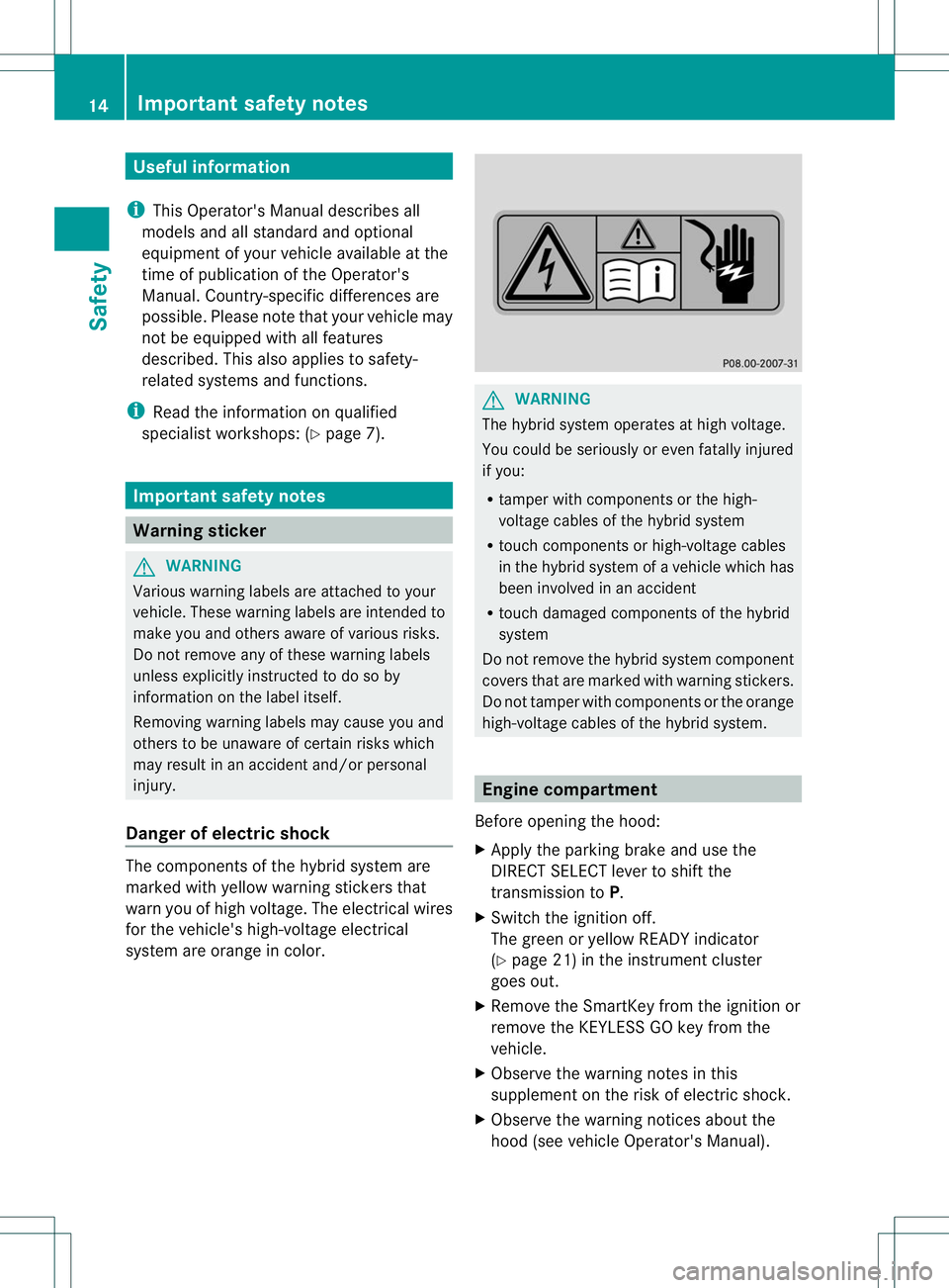 MERCEDES-BENZ E400 HYBRID 2014  Owners Manual Useful information
i This Operator's Manual describes all
models and all standard and optional
equipment of your vehicle available at the
time of publication of the Operator's
Manual. Country-