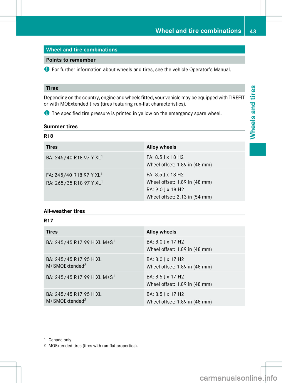 MERCEDES-BENZ E400 HYBRID 2014 Owners Manual Wheel and tire combinations
Points to remember
i For further information about wheels and tires, see the vehicle Operator’s Manual. Tires
Depending on the country, engine and wheels fitted, you rveh MERCEDES-BENZ E400 HYBRID 2014 Owners Manual Wheel and tire combinations
Points to remember
i For further information about wheels and tires, see the vehicle Operator’s Manual. Tires
Depending on the country, engine and wheels fitted, you rveh