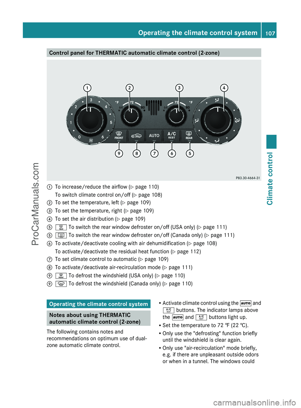 MERCEDES-BENZ G-CLASS 2011 Owners Manual Control panel for THERMATIC automatic climate control (2-zone):To increase/reduce the airflow (Y page 110)To switch climate control on/off ( Y page 108);To set the temperature, left ( Y page 109)=To s MERCEDES-BENZ G-CLASS 2011 Owners Manual Control panel for THERMATIC automatic climate control (2-zone):To increase/reduce the airflow (Y page 110)To switch climate control on/off ( Y page 108);To set the temperature, left ( Y page 109)=To s