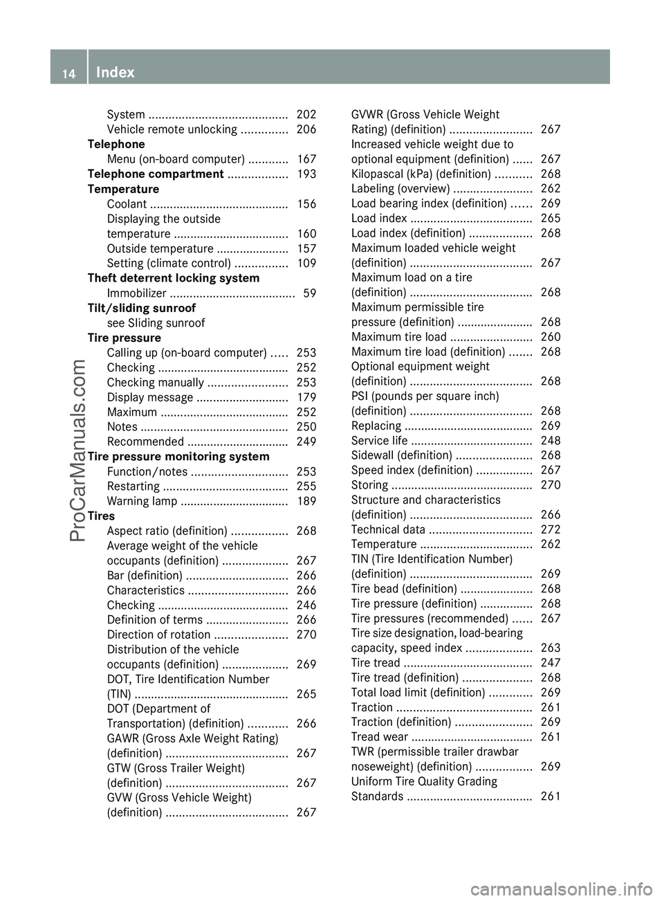MERCEDES-BENZ G-CLASS 2011  Owners Manual System .......................................... 202
Vehicle remote unlocking  ..............206
Telephone
Menu (on-board computer)  ............167
Telephone compartment  .................. 193
Temp