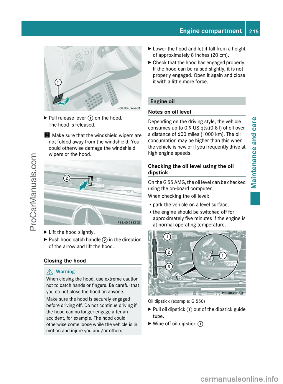 MERCEDES-BENZ G-CLASS 2011  Owners Manual XPull release lever : on the hood.
The hood is released.
!  Make sure that the windshield wipers are
not folded away from the windshield. You
could otherwise damage the windshield
wipers or the hood.
