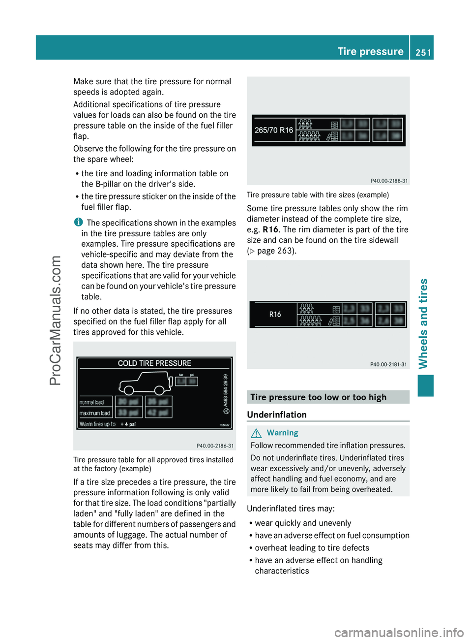 MERCEDES-BENZ G-CLASS 2011 Owners Manual Make sure that the tire pressure for normal
speeds is adopted again.
Additional specifications of tire pressure
values for loads can also be found on the tire
pressure table on the inside of the fuel MERCEDES-BENZ G-CLASS 2011 Owners Manual Make sure that the tire pressure for normal
speeds is adopted again.
Additional specifications of tire pressure
values for loads can also be found on the tire
pressure table on the inside of the fuel