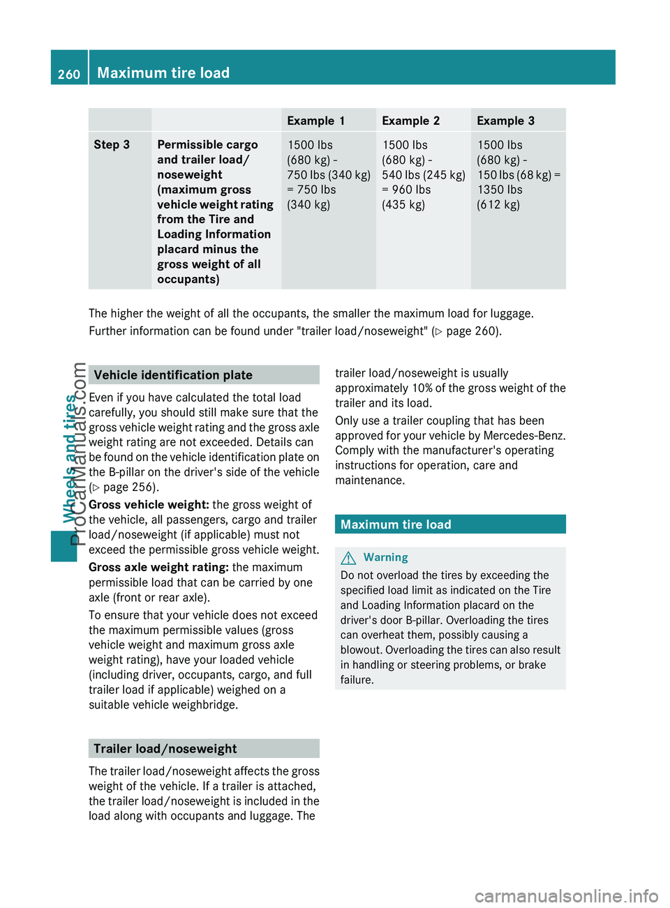 MERCEDES-BENZ G-CLASS 2011  Owners Manual Example 1Example 2Example 3Step 3Permissible cargo 
and trailer load/
noseweight 
(maximum gross 
vehicle weight rating 
from the Tire and 
Loading Information 
placard minus the 
gross weight of all 