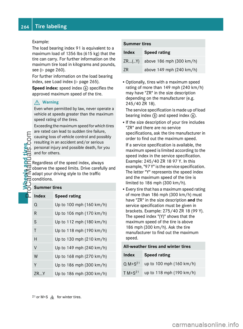 MERCEDES-BENZ G-CLASS 2011  Owners Manual Example:
The load bearing index 91 is equivalent to a
maximum load of 1356 lbs (615 kg) that the
tire can carry. For further information on the
maximum tire load in kilograms and pounds,
see ( Y page 