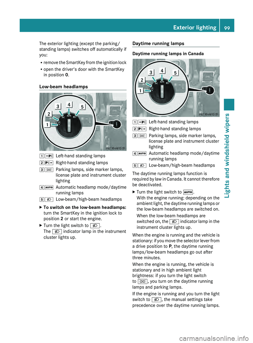 MERCEDES-BENZ G-CLASS SUV 2013  Owners Manual The exterior lighting (except the parking/
standing lamps) switches off automatically if
you:
R
remove the SmartKey  from 
the ignition lock
R open the driver's door with the SmartKey
in position 