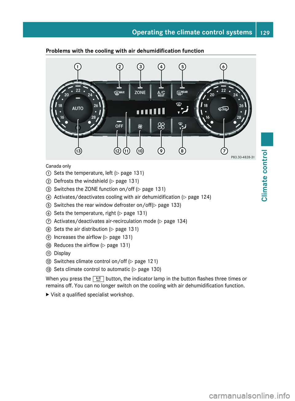 MERCEDES-BENZ G-CLASS SUV 2013  Owners Manual Problems with the cooling with air dehumidification function
Canada only
0043
Sets the temperature, left ( Y page 131)
0044 Defrosts the windshield ( Y page 131)
0087 Switches the ZONE function on/off