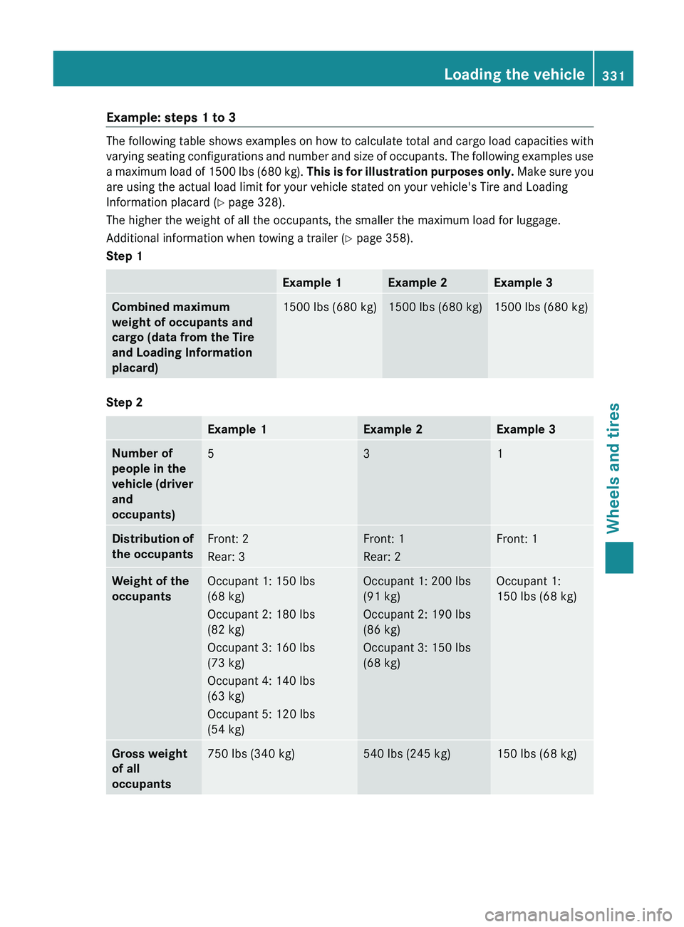MERCEDES-BENZ G-CLASS SUV 2013  Owners Manual Example: steps 1 to 3
The following table shows examples on how to calculate total and cargo load capacities with
varying seating configurations 
and 
number and size of occupants. The following examp