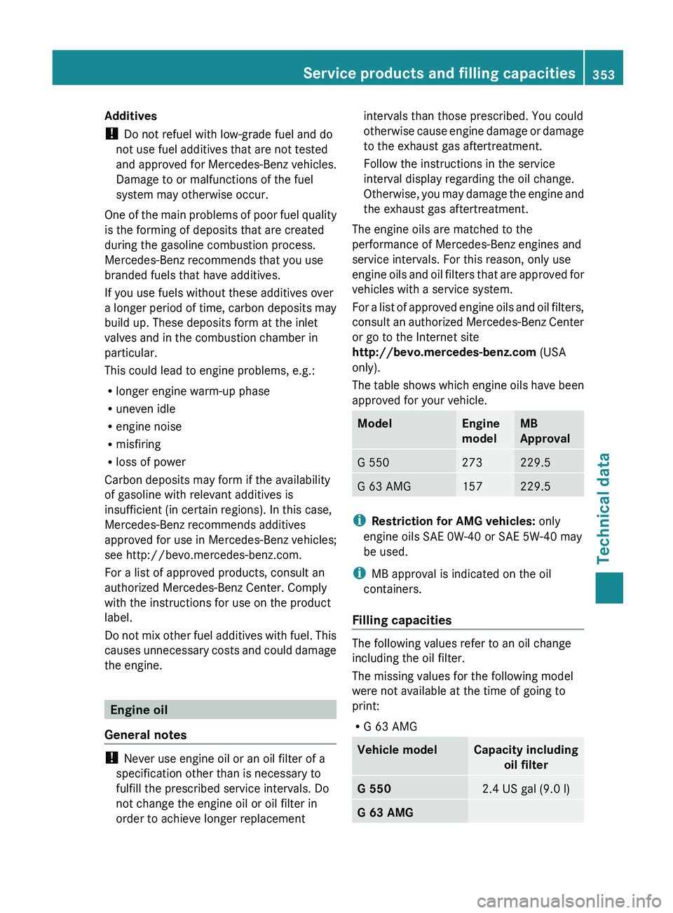 MERCEDES-BENZ G-CLASS SUV 2013  Owners Manual Additives
! 
Do not refuel with low-grade fuel and do
not use fuel additives that are not tested
and approved for Mercedes-Benz vehicles.
Damage to or malfunctions of the fuel
system may otherwise occ