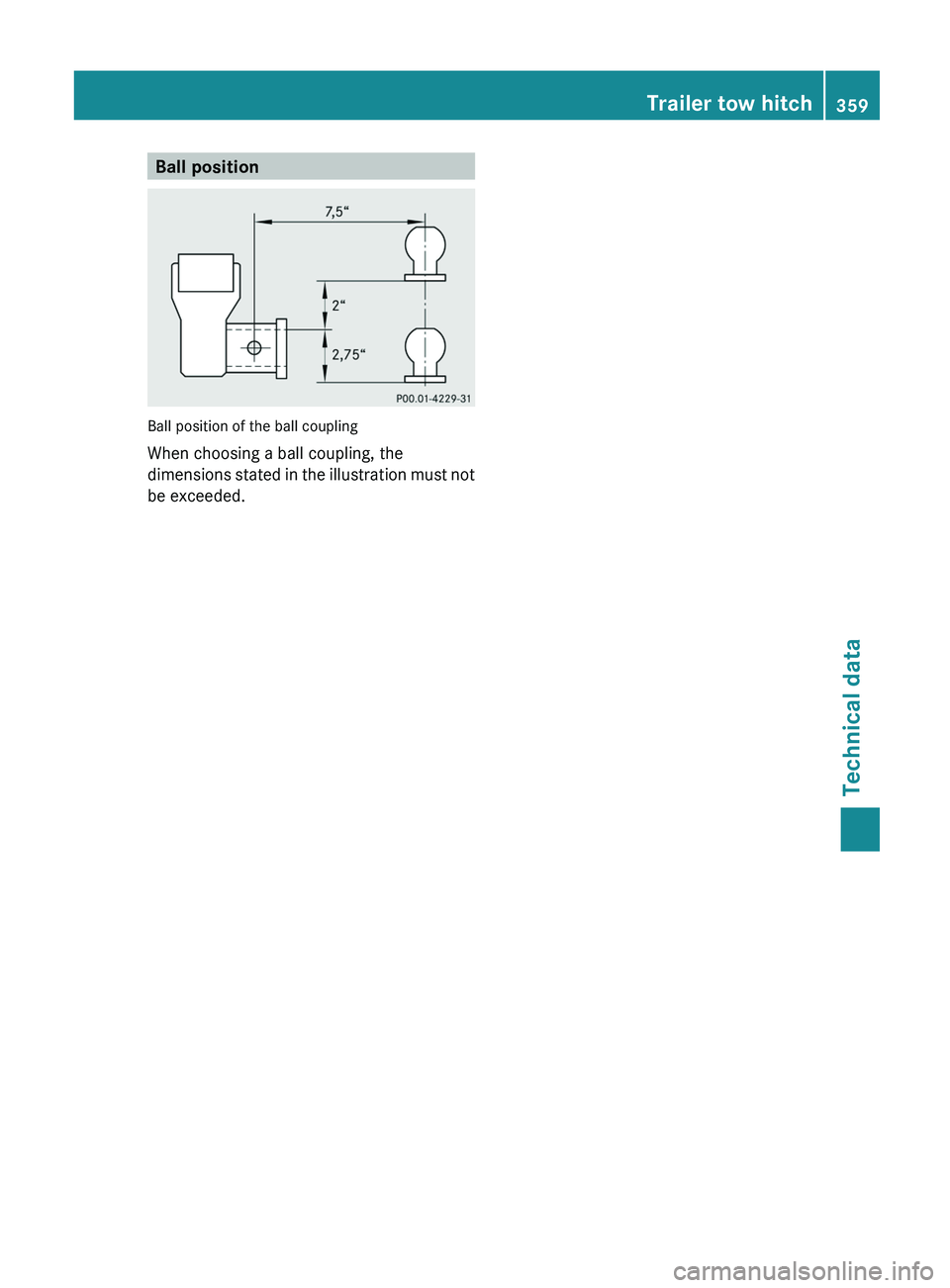 MERCEDES-BENZ G-CLASS SUV 2013  Owners Manual Ball position
Ball position of the ball coupling
When choosing a ball coupling, the
dimensions stated in 
the 
illustration must not
be exceeded. Trailer tow hitch
359
Technical data Z   